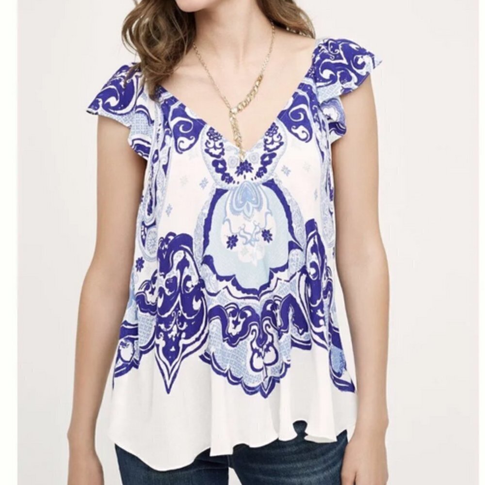 Anthropologie Maeve Clana Top‎ Flutter Cap Sleeve Flowy Mandala Print Tank Top 2